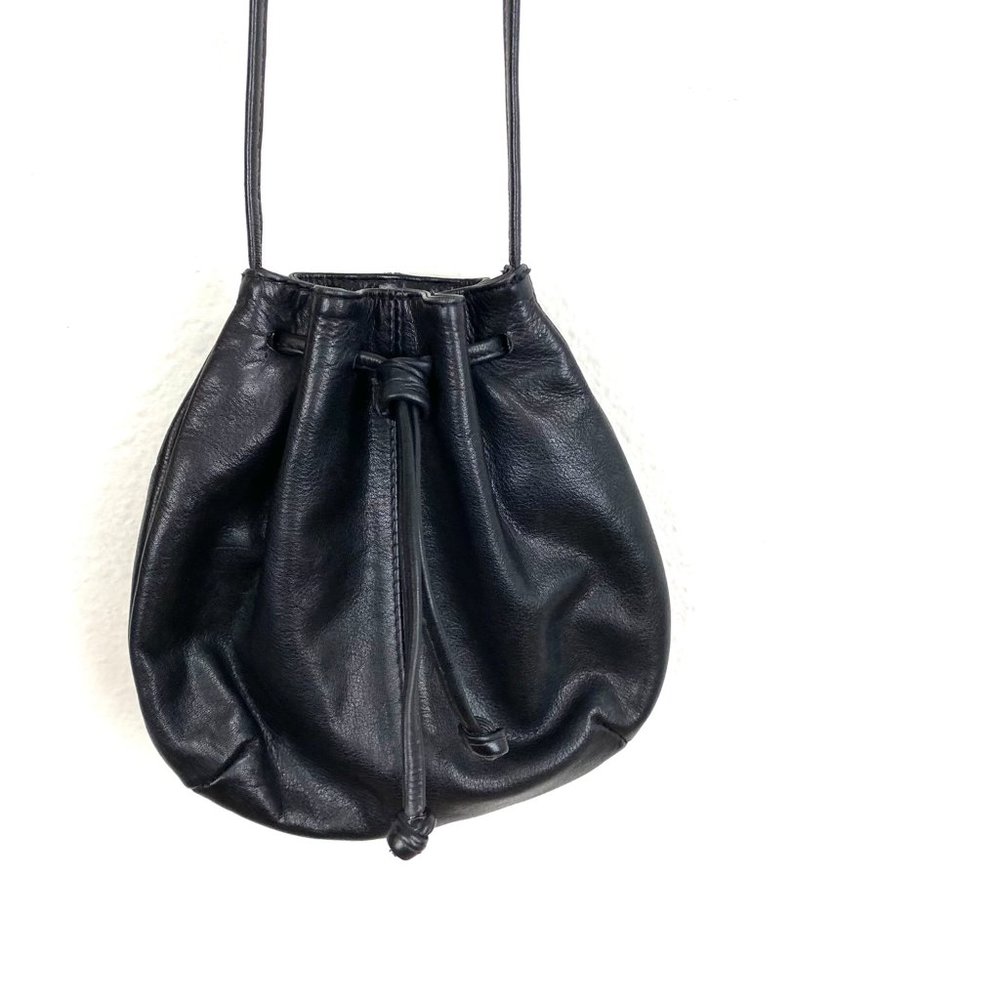 Vintage 90s Black Genuine Leather mini bag Crossbody Drawstring Pouch Purse